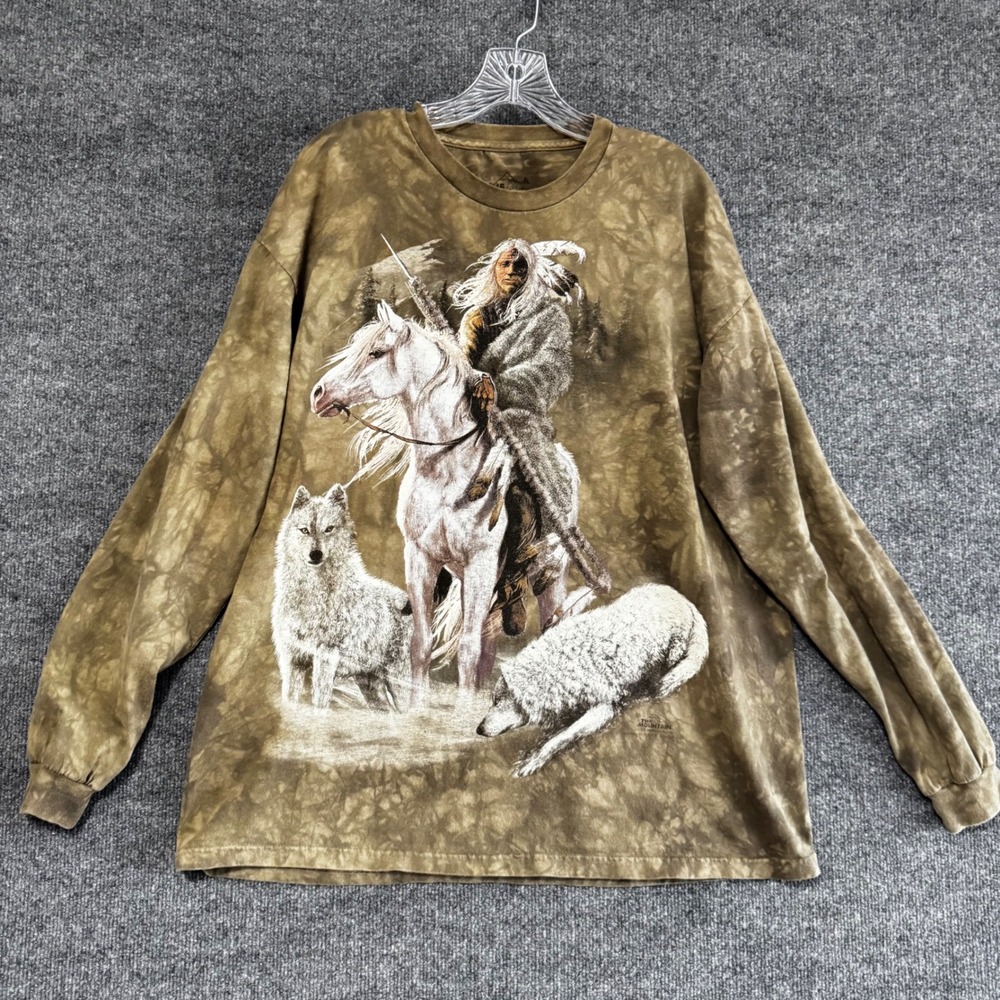 The Mountain Native American Warrior Wolf Horse Brown Tie Dye Long Sleeve Shirt